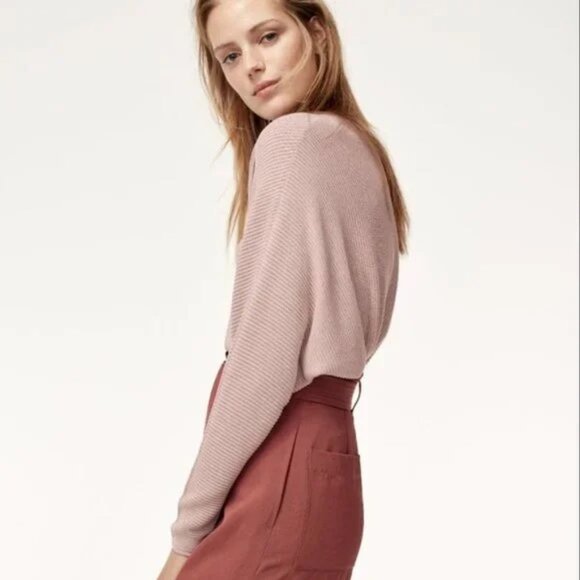 Aritzia Wilfred Coline Dolman Sleeve Ribbed Dusty Blush Pink Linen Blend Sweater - Picture 2 of 12